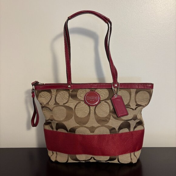 Coach Signature Khaki Red Stripe Red Patent Leather Medium Tote - Picture 4 of 11